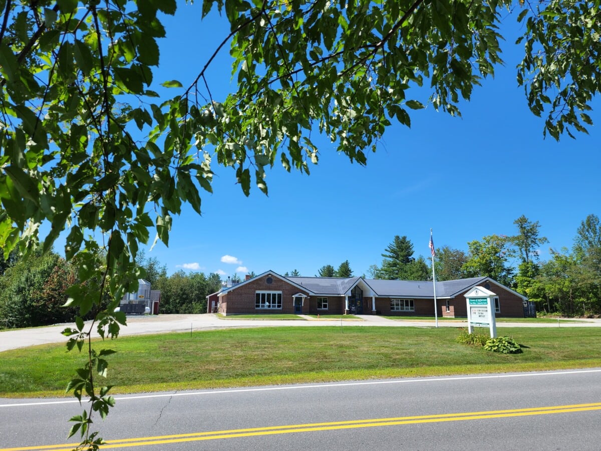 A single-story brick building sits behind a grassy lawn and a two-lane road, framed by green tree branches under a bright blue sky. A sign and flagpole are visible near the entrance of the building.