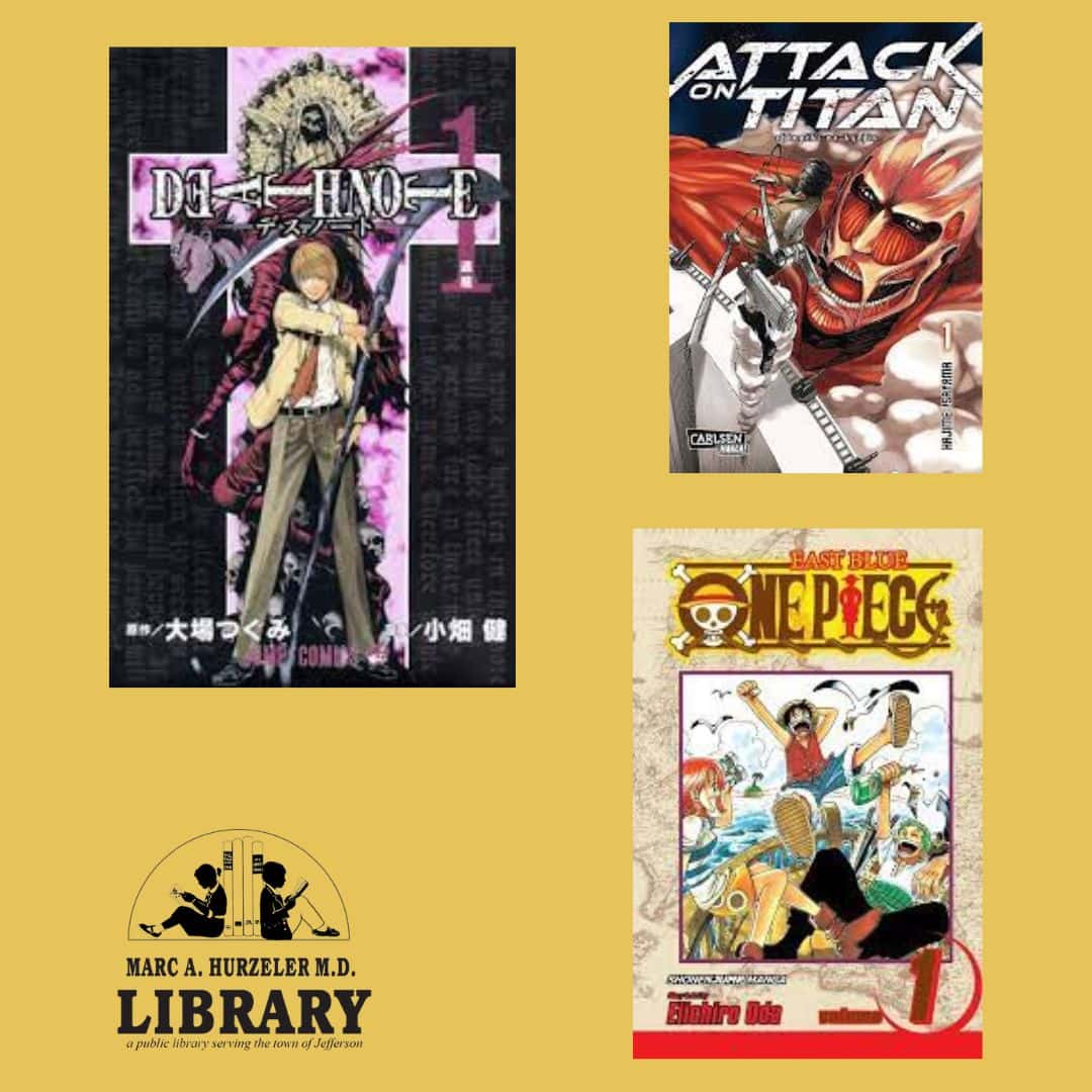 Three manga covers—Death Note, Attack on Titan, and One Piece—are displayed above the Marc A. Huzelrer M.D. Library logo on a yellow background.