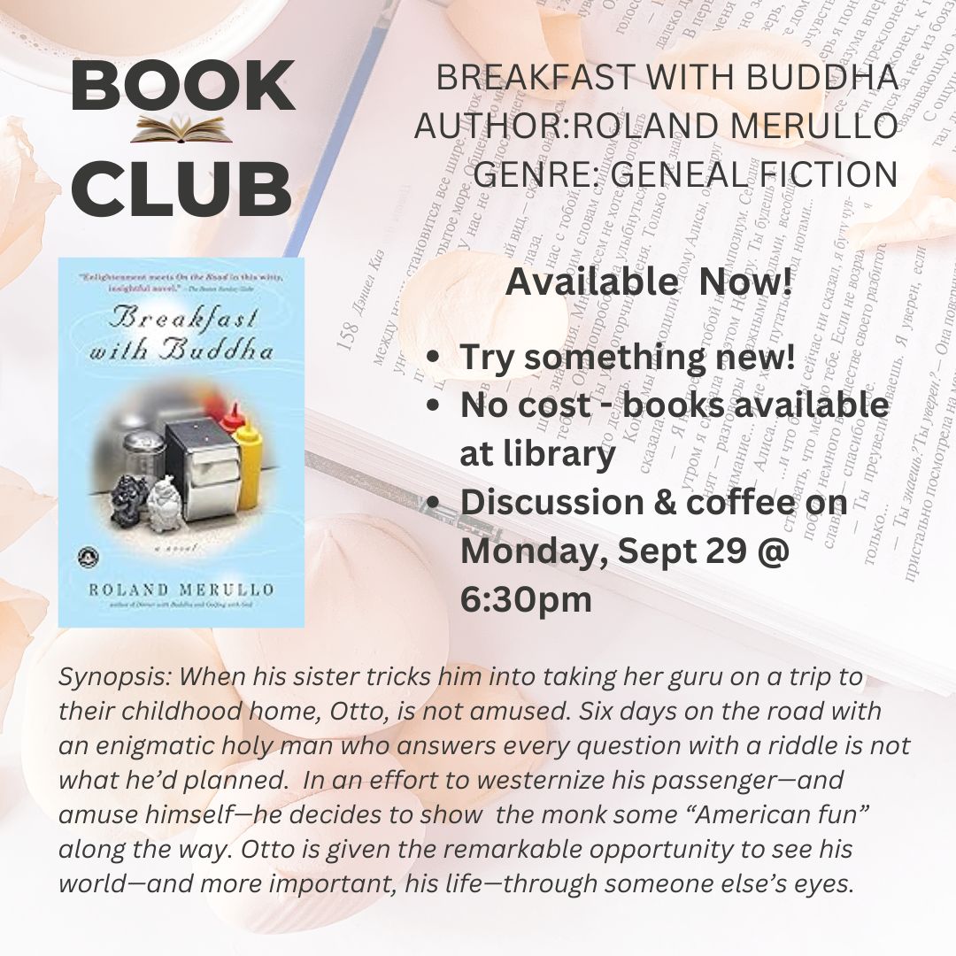Book club announcement featuring the cover of Breakfast with Buddha by Roland Merullo. Details include author, genre, availability, discussion date (Sept 29, 6:30pm), and a synopsis about a reluctant road trip with a spiritual guru.
