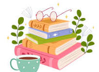 Illustration of a stack of colorful books with reading glasses on top, surrounded by green plants, and a cup of coffee or tea in the foreground.