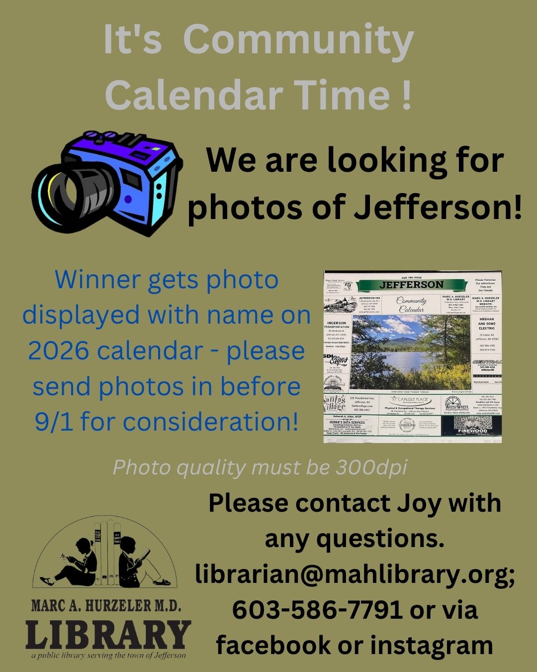 Flyer seeking photos of Jefferson for a community calendar contest. Winner’s photo and name featured on 2026 calendar. Deadline: 9/1. Contact details and rules included. Features a camera graphic and library logo.